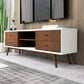 Modern wood and white TV stand with drawers in stylish living room, FredCo International furniture