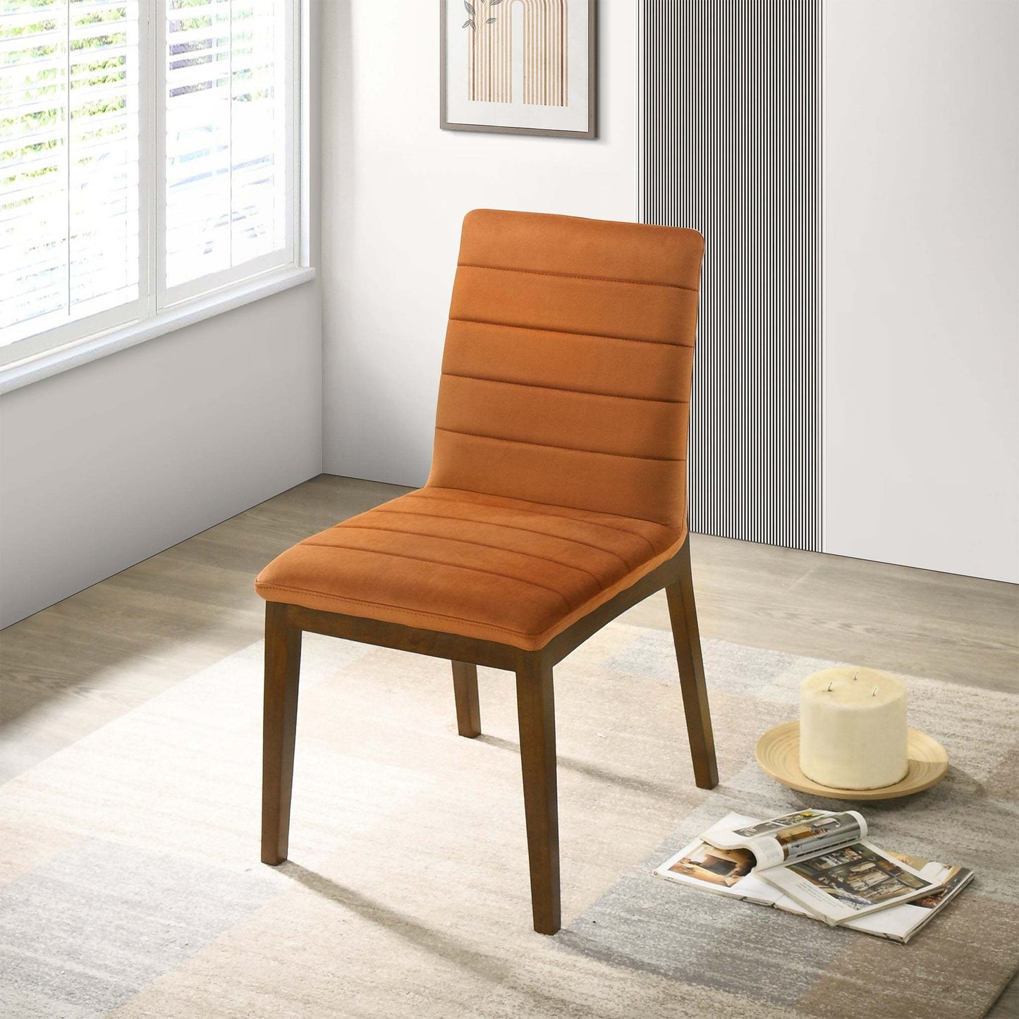 Ines Mid-Century Modern Burnt Orange Velvet Dining Chair Set with Walnut Solid Wood Base 35.8'H x 18.9'W x 24'D FredCo