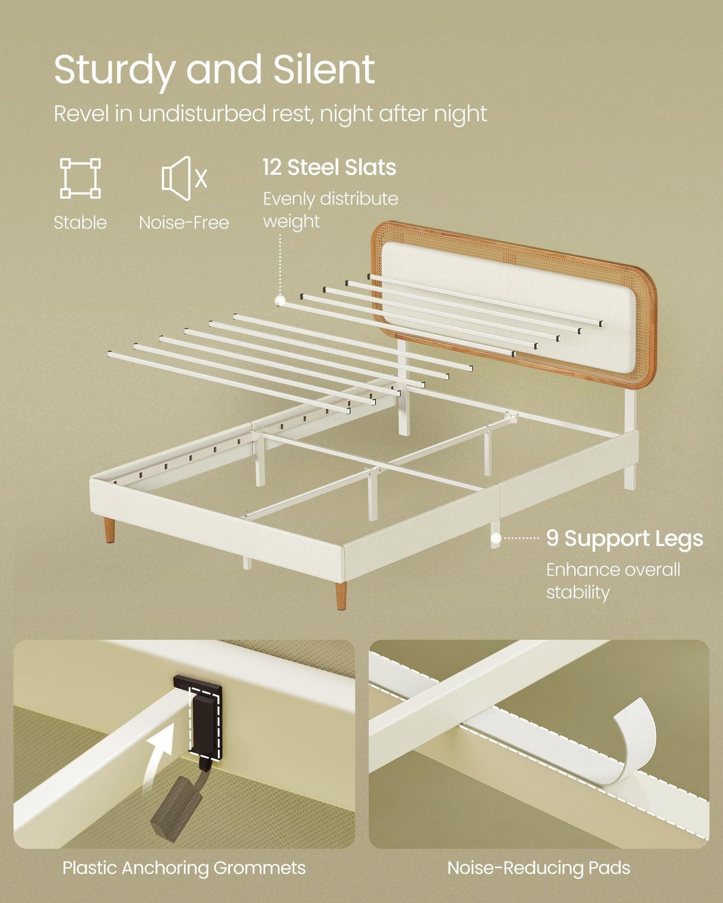 BOHOVEN Collection - Full Size Bed Frame with Rattan-Like Adjustable Headboard Cloud White and Oak Beige FredCo
