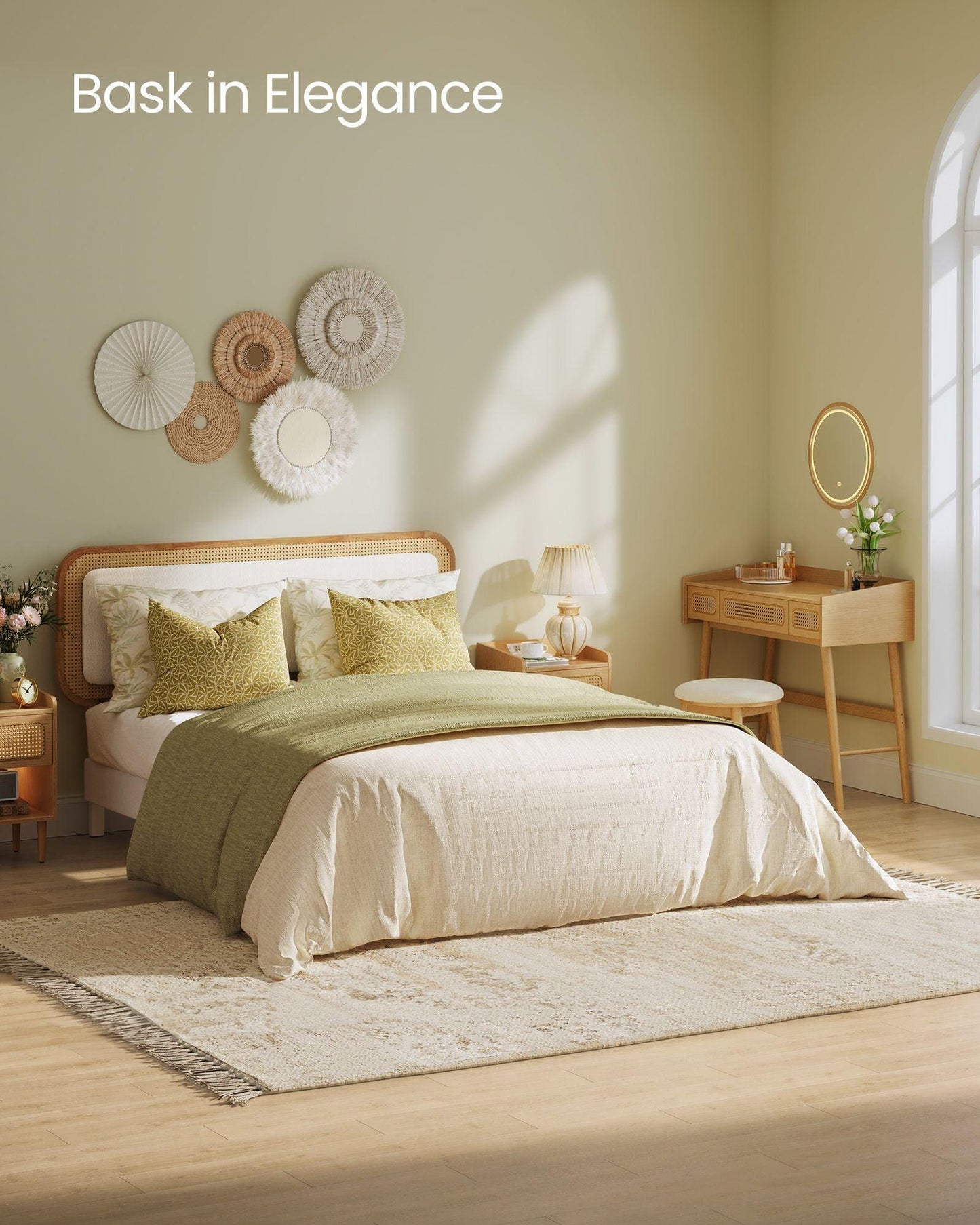 BOHOVEN Collection - Full Size Bed Frame with Rattan-Like Adjustable Headboard Cloud White and Oak Beige FredCo