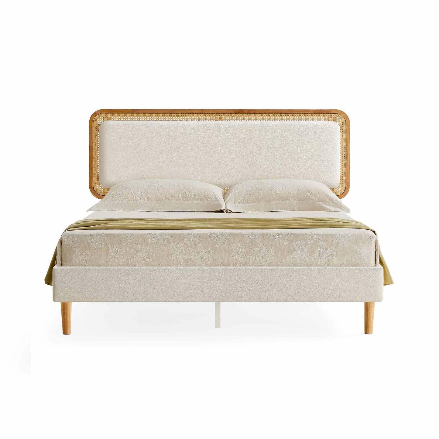 BOHOVEN Collection - Full Size Bed Frame with Rattan-Like Adjustable Headboard Cloud White and Oak Beige FredCo