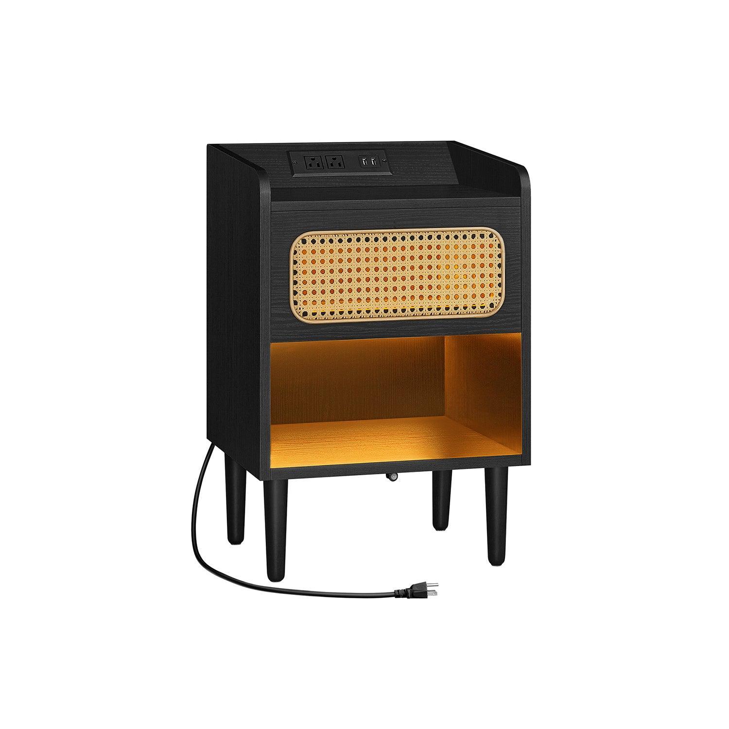 BOHOVEN Collection - Nightstand with Charging Station Rattan-Like Ebony Black FredCo
