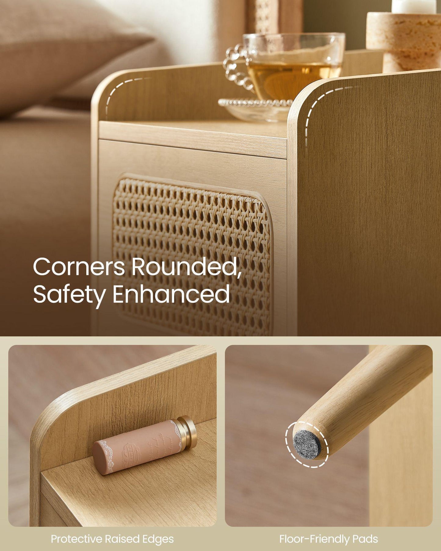 BOHOVEN Collection - Nightstand with Charging Station Rattan-Like Oak Beige FredCo