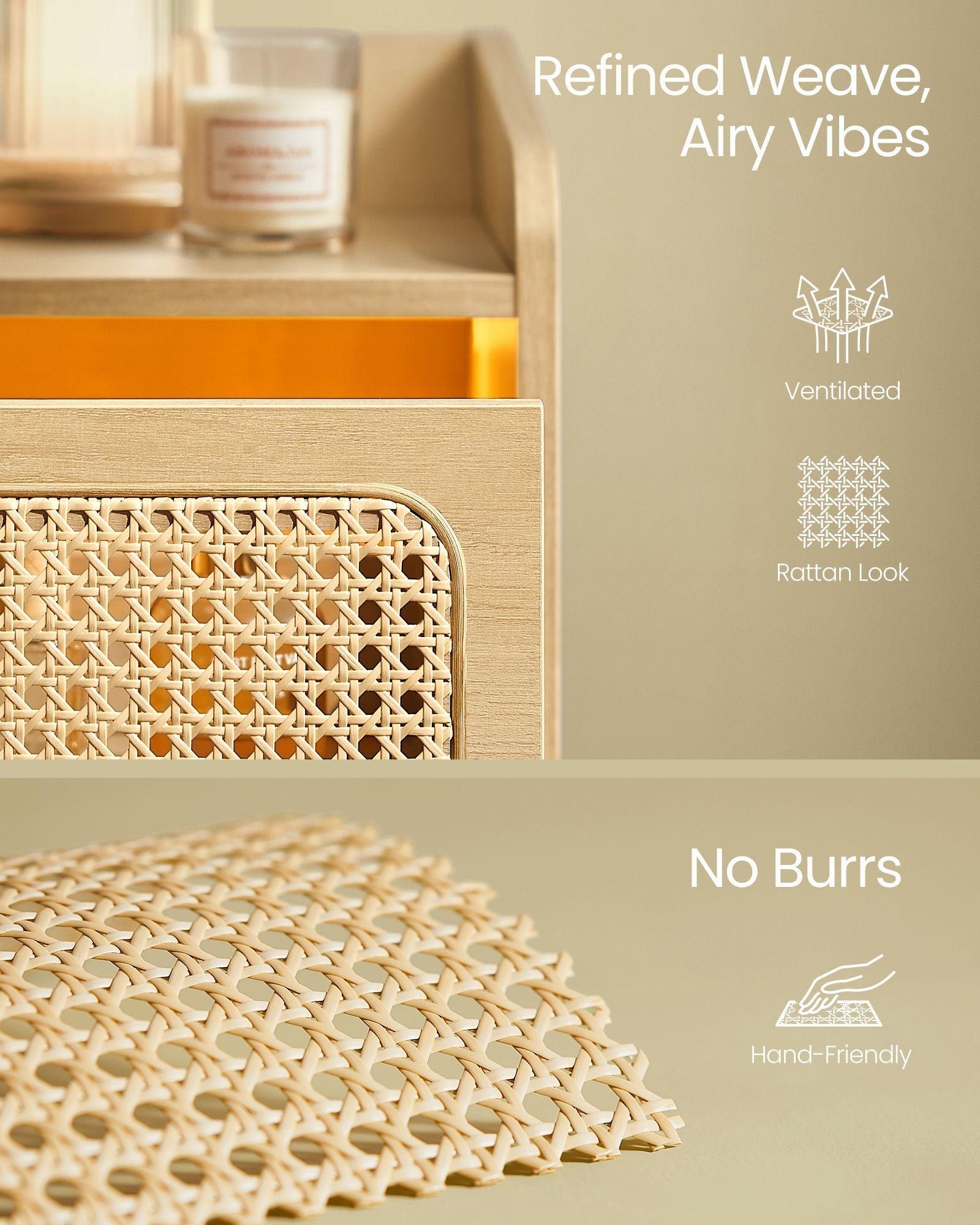 BOHOVEN Collection - Nightstand with Charging Station Rattan-Like Oak Beige FredCo
