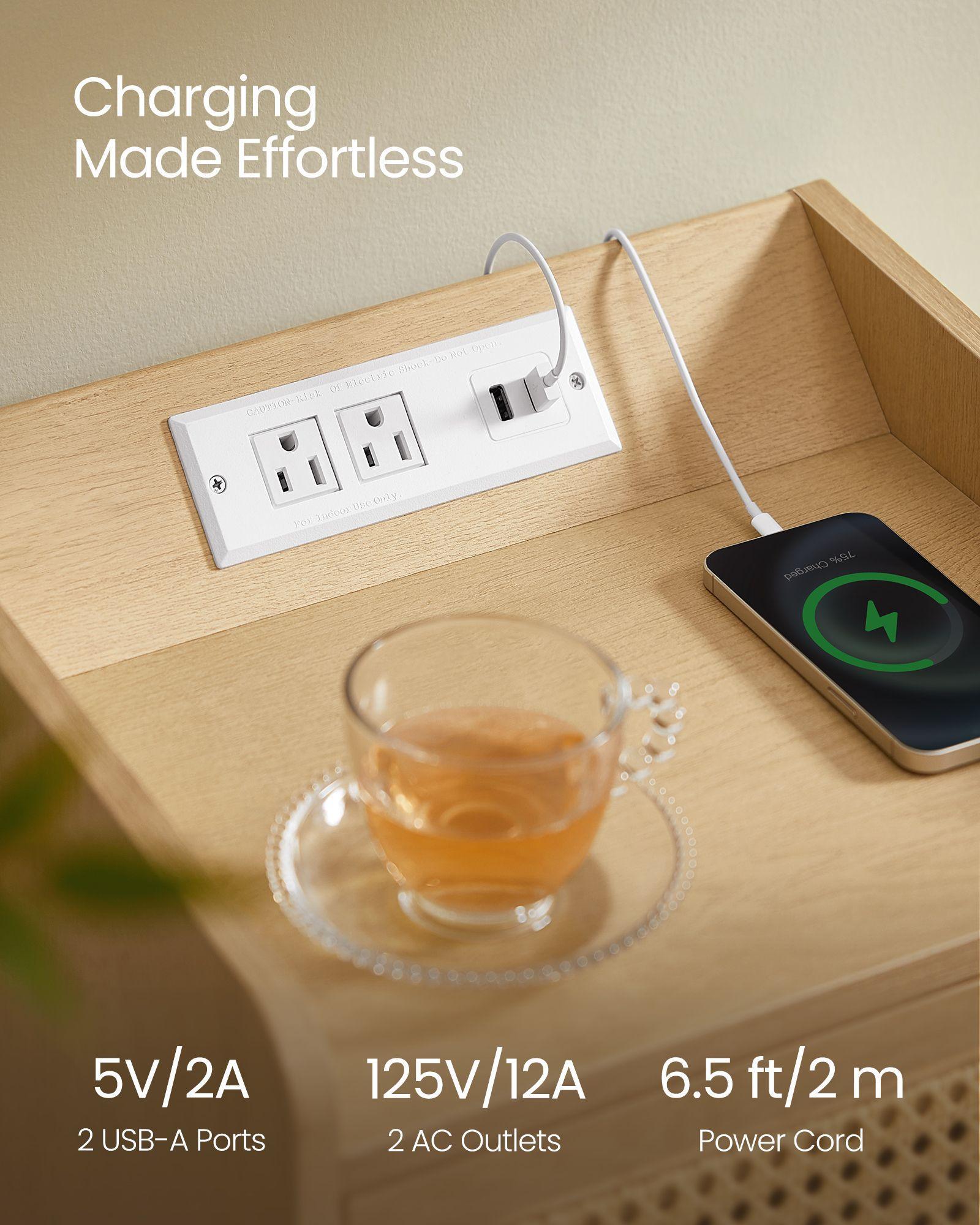 BOHOVEN Collection - Nightstand with Charging Station Rattan-Like Oak Beige FredCo