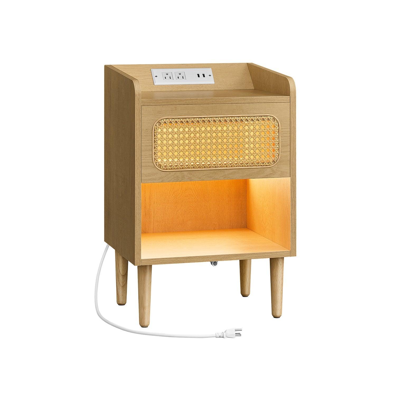 BOHOVEN Collection - Nightstand with Charging Station Rattan-Like Oak Beige FredCo