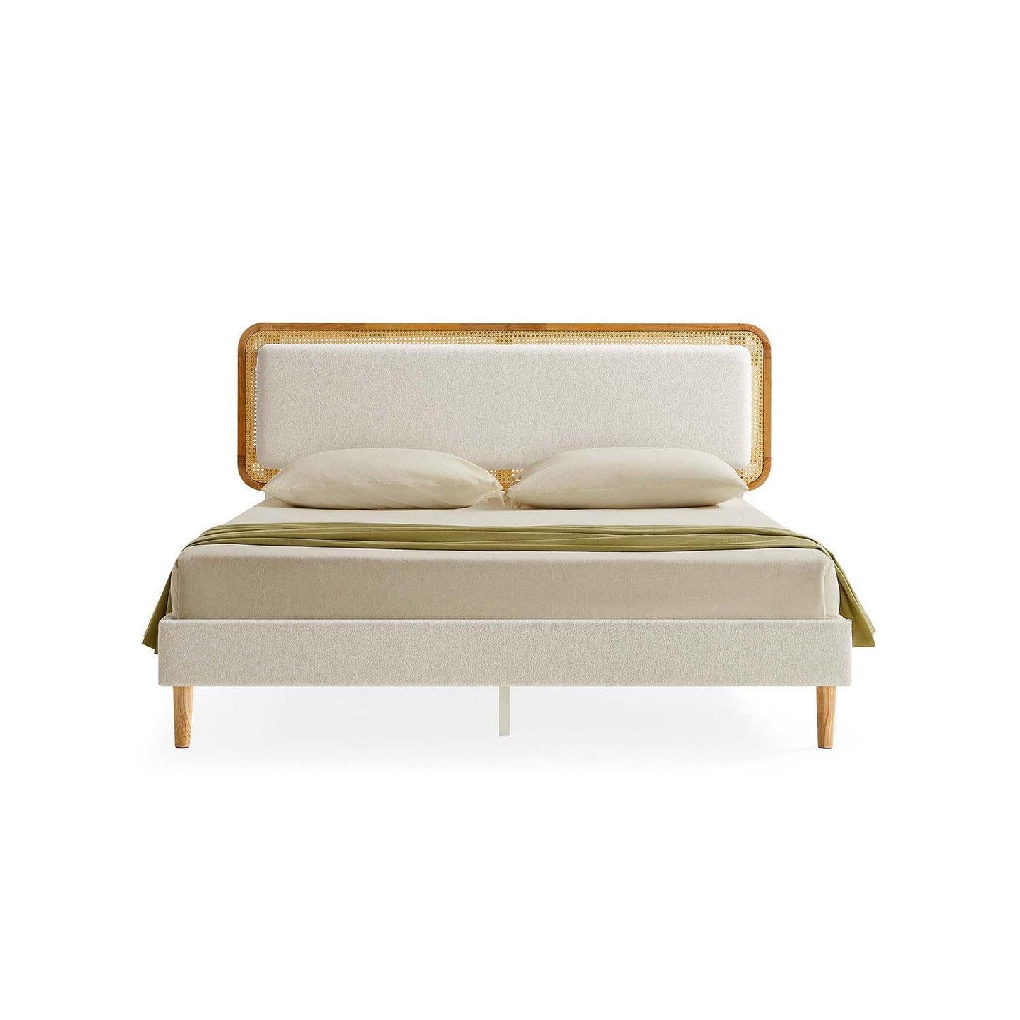 BOHOVEN Collection - Queen Bed Frame with Rattan-Like Adjustable Headboard Cloud White and Oak Beige FredCo