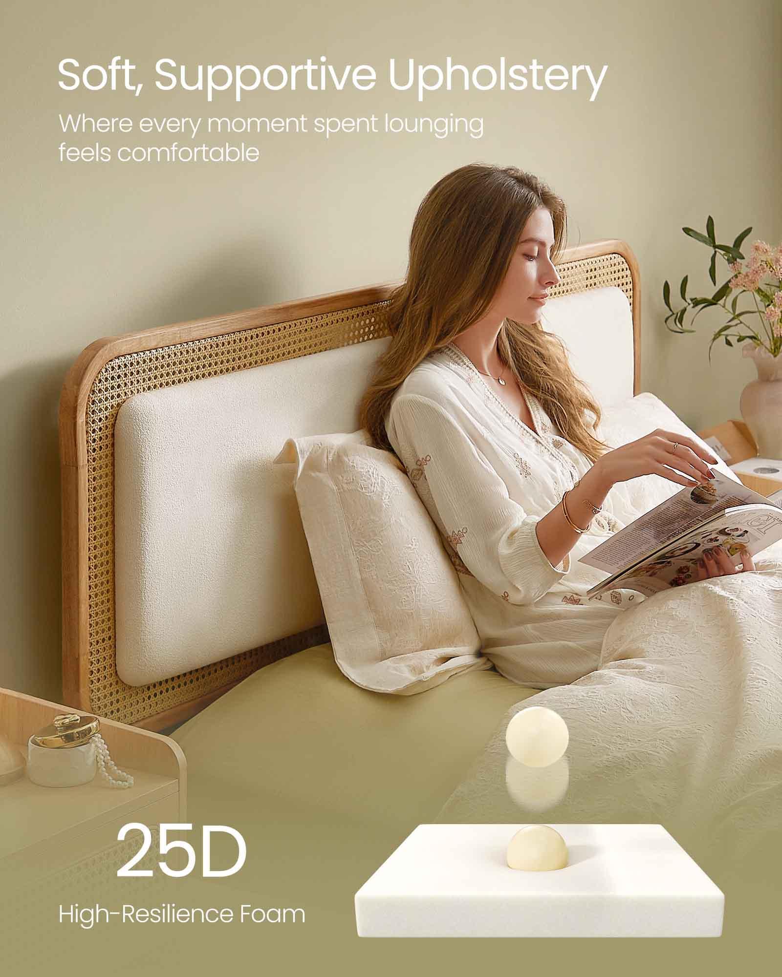 BOHOVEN Collection - Queen Bed Frame with Rattan-Like Adjustable Headboard Cloud White and Oak Beige FredCo