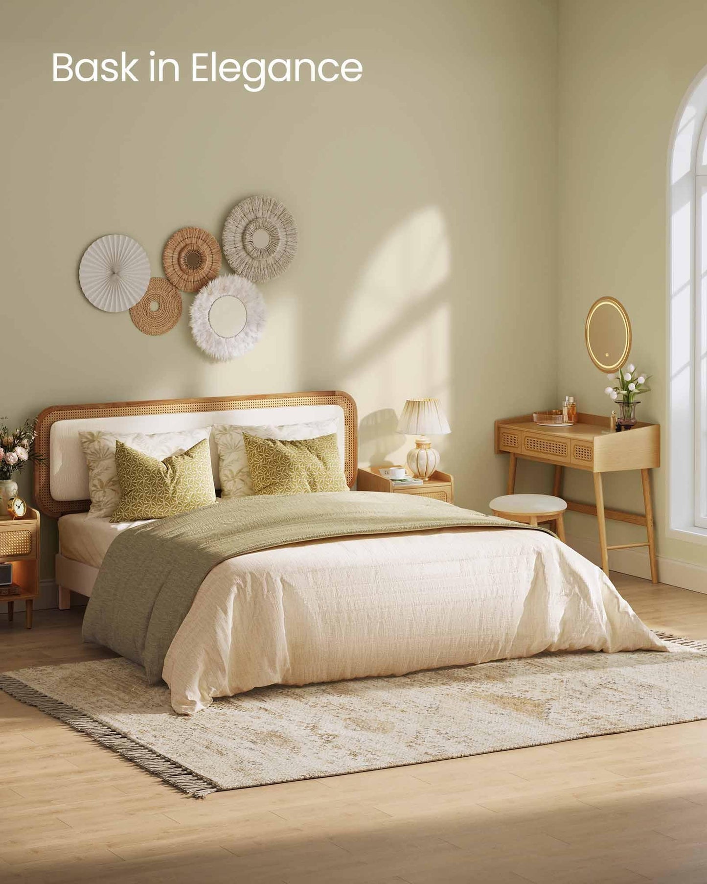 BOHOVEN Collection - Queen Bed Frame with Rattan-Like Adjustable Headboard Cloud White and Oak Beige FredCo