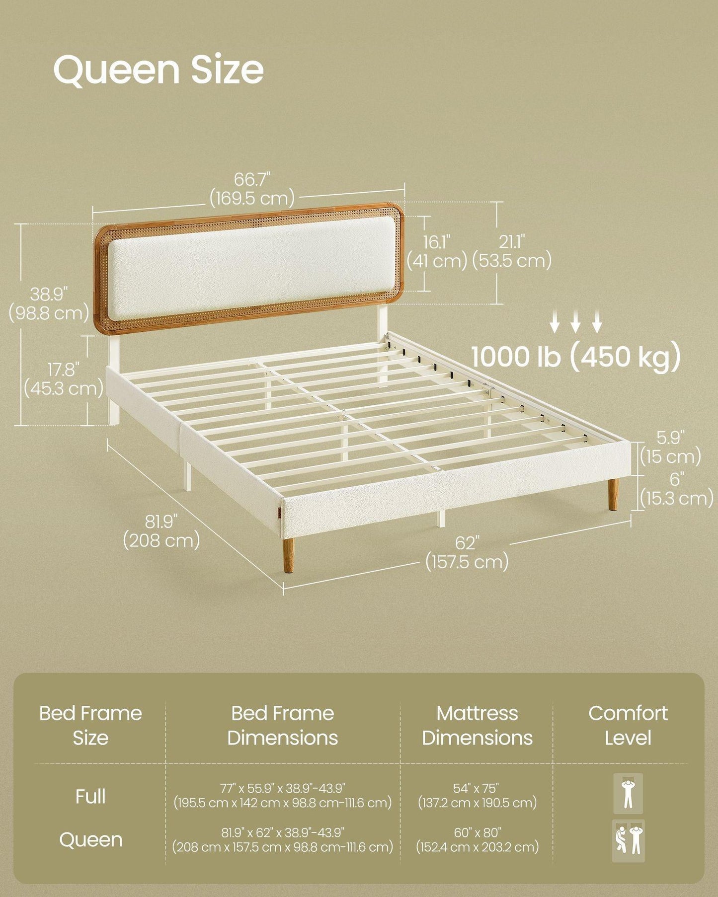 BOHOVEN Collection - Queen Bed Frame with Rattan-Like Adjustable Headboard Cloud White and Oak Beige FredCo