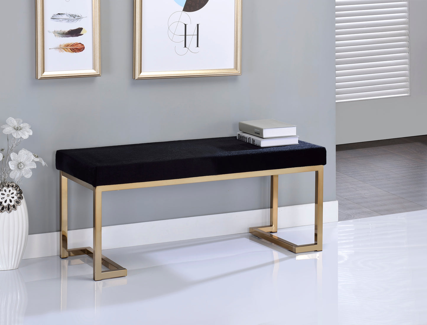Boice Black Fabric & Champagne Finish Bench FredCo