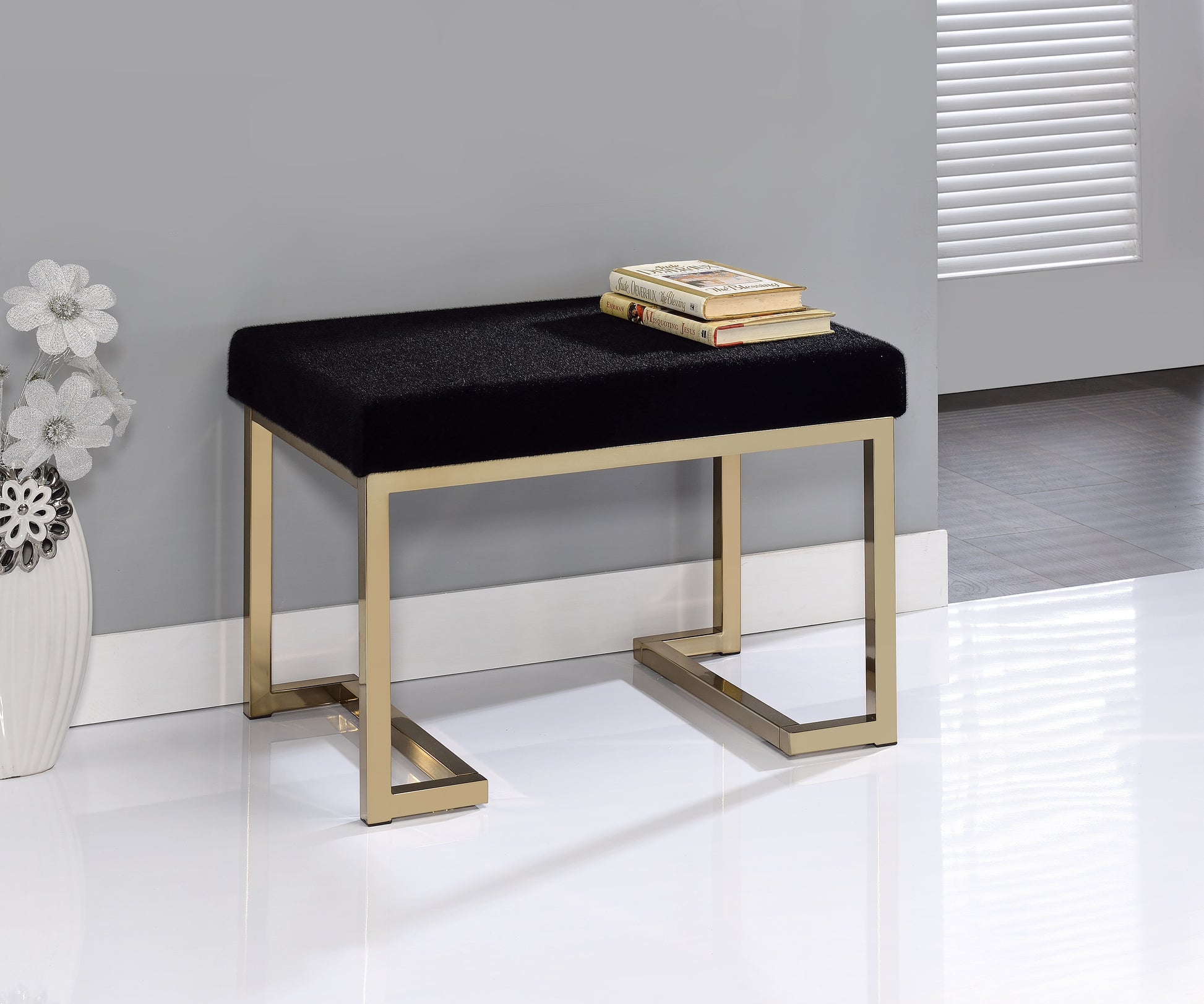 Boice Black Fabric & Champagne Finish Ottoman FredCo