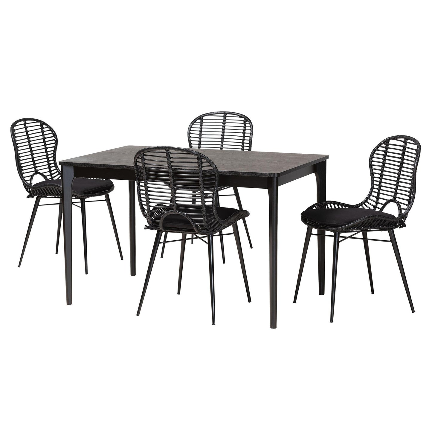 Brenna Modern Bohemian Black Finished Wood and Rattan 5-Piece Dining Set FredCo