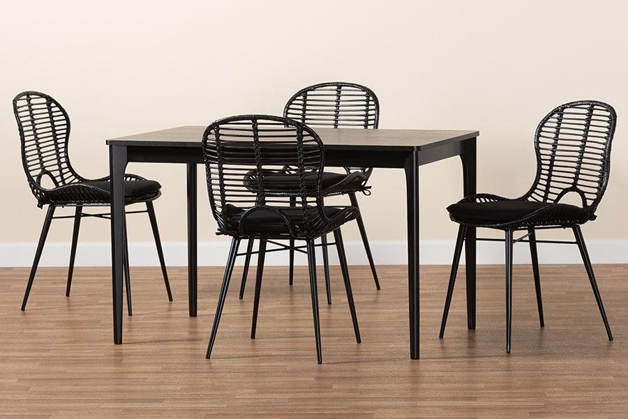 Brenna Modern Bohemian Black Finished Wood and Rattan 5-Piece Dining Set FredCo