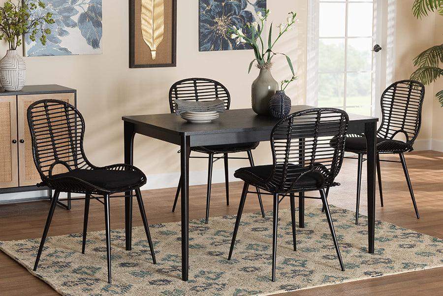 Brenna Modern Bohemian Black Finished Wood and Rattan 5-Piece Dining Set FredCo
