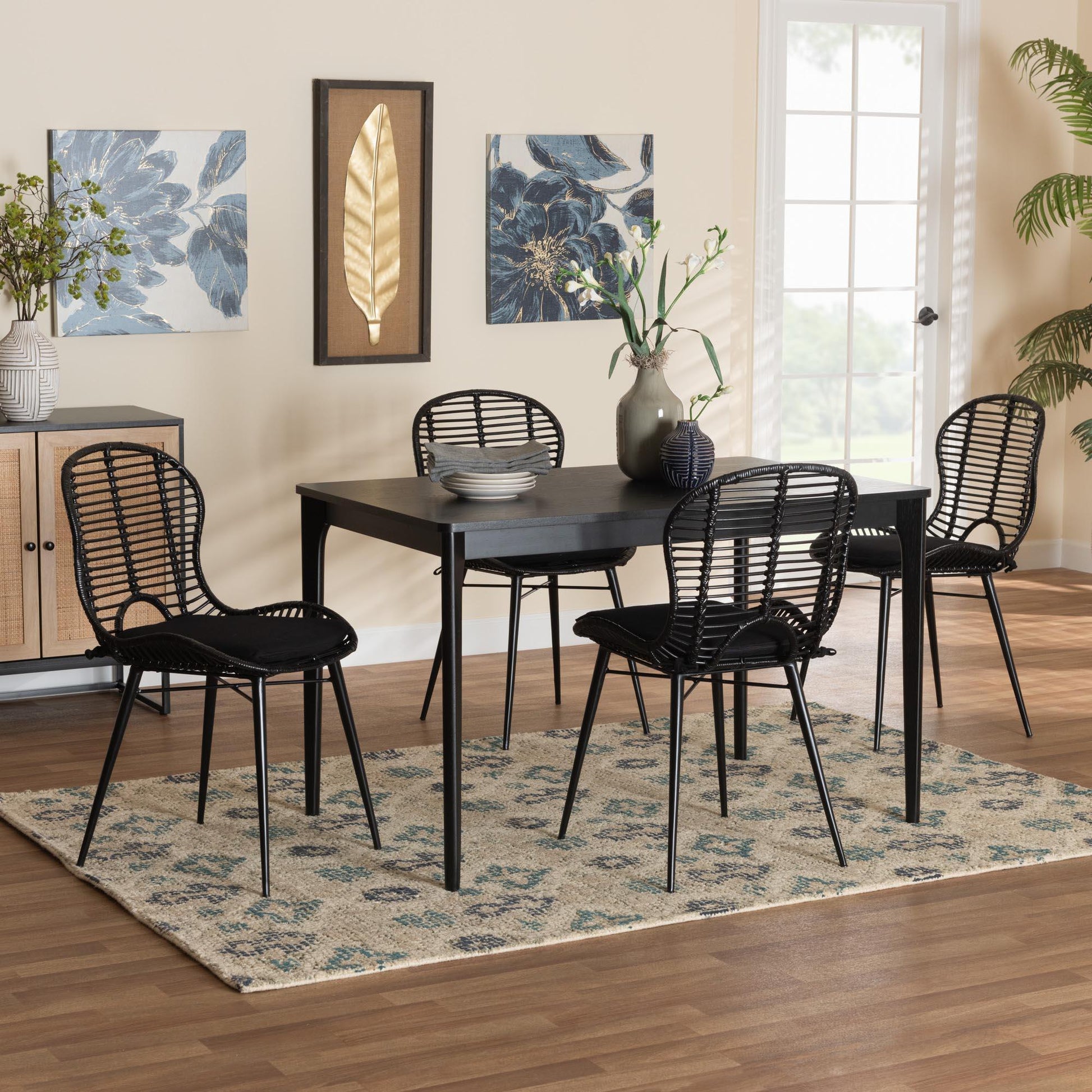 Brenna Modern Bohemian Black Finished Wood and Rattan 5-Piece Dining Set FredCo