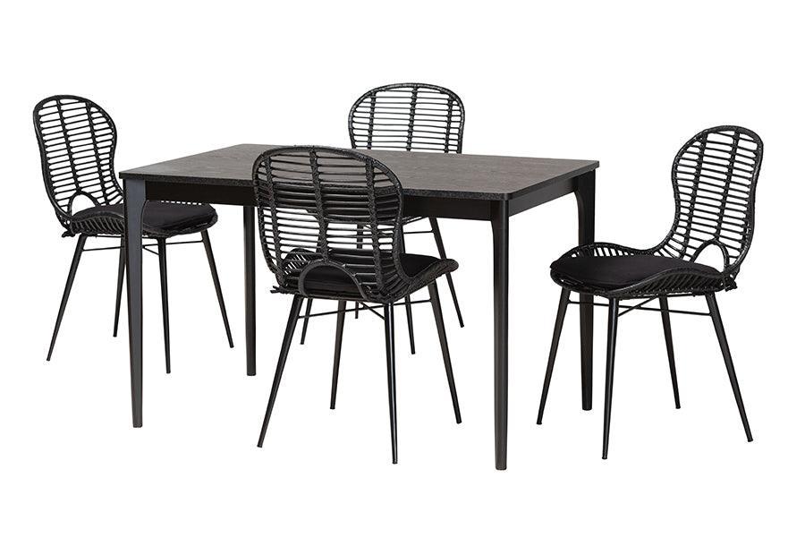 Brenna Modern Bohemian Black Finished Wood and Rattan 5-Piece Dining Set FredCo