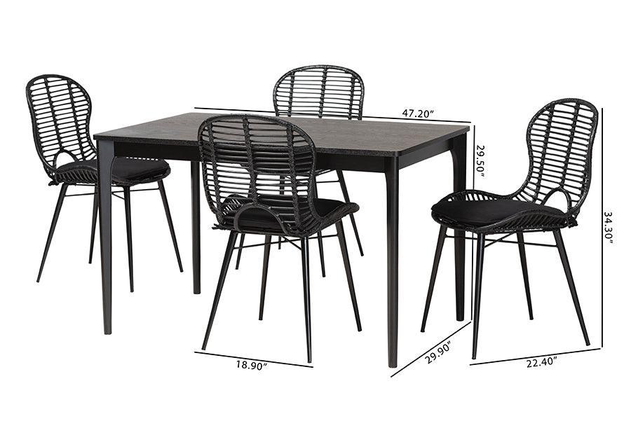 Brenna Modern Bohemian Black Finished Wood and Rattan 5-Piece Dining Set FredCo