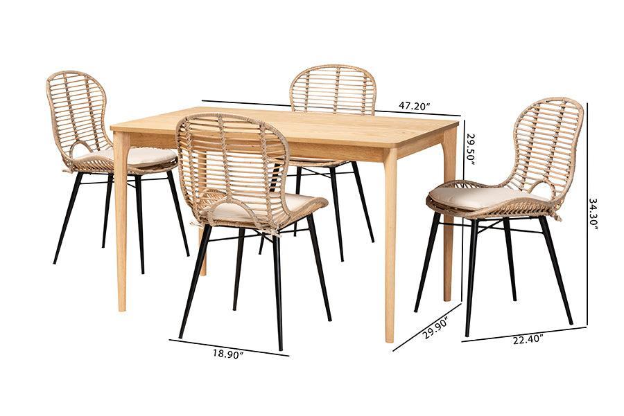 Brenna Modern Bohemian Greywashed Rattan and Natural Brown Finished Wood 5-Piece Dining Set FredCo