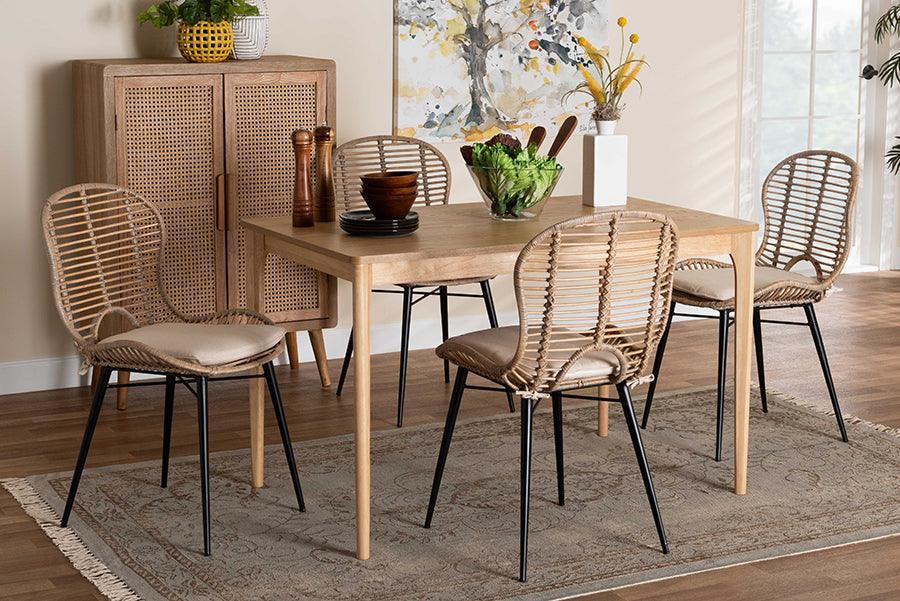 Brenna Modern Bohemian Greywashed Rattan and Natural Brown Finished Wood 5-Piece Dining Set FredCo