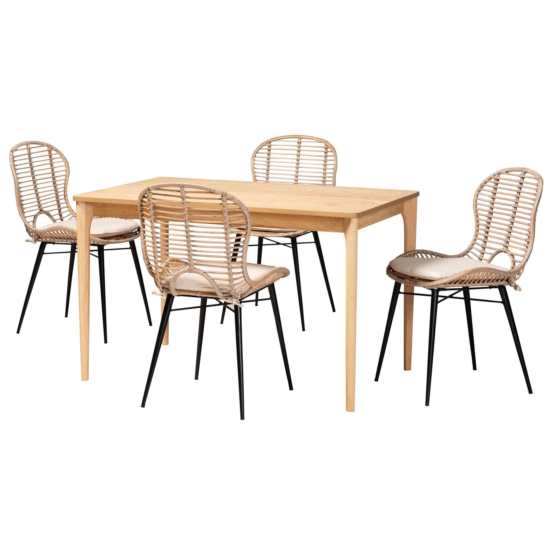 Brenna Modern Bohemian Greywashed Rattan and Natural Brown Finished Wood 5-Piece Dining Set FredCo