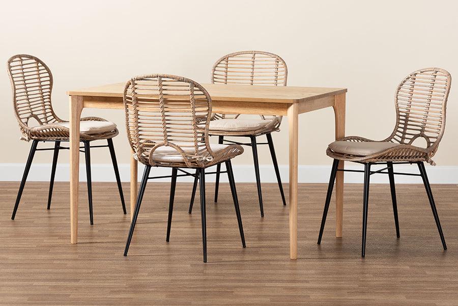 Brenna Modern Bohemian Greywashed Rattan and Natural Brown Finished Wood 5-Piece Dining Set FredCo