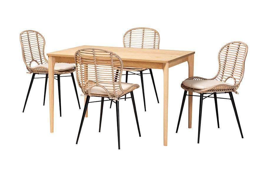Brenna Modern Bohemian Greywashed Rattan and Natural Brown Finished Wood 5-Piece Dining Set FredCo