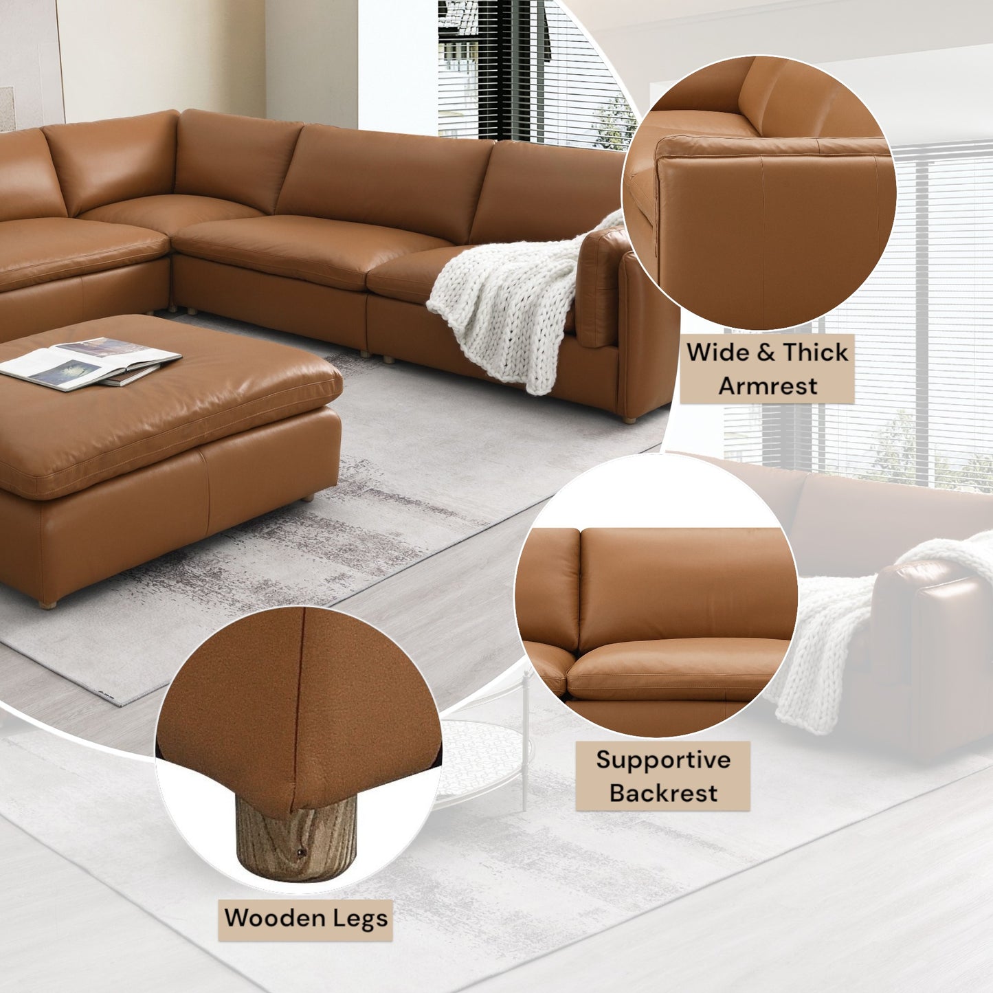 Brighton Top Grain Leather 5 Pieces Modular Sectional FredCo