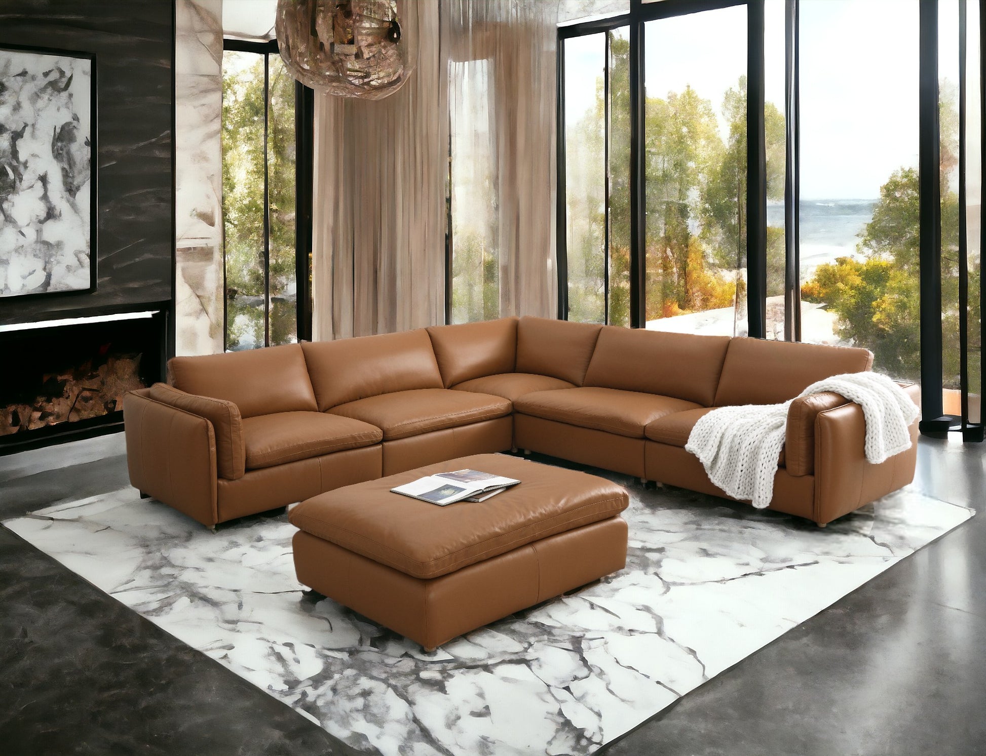 Brighton Top Grain Leather 6 Pieces Modular Sectional with 1 Ottoman FredCo