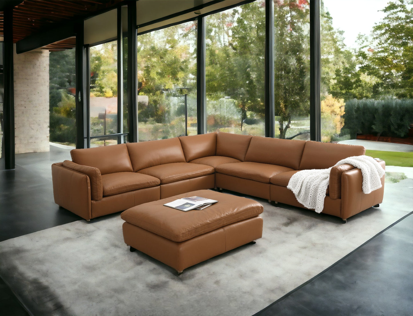 Brighton Top Grain Leather 6 Pieces Modular Sectional with 1 Ottoman FredCo