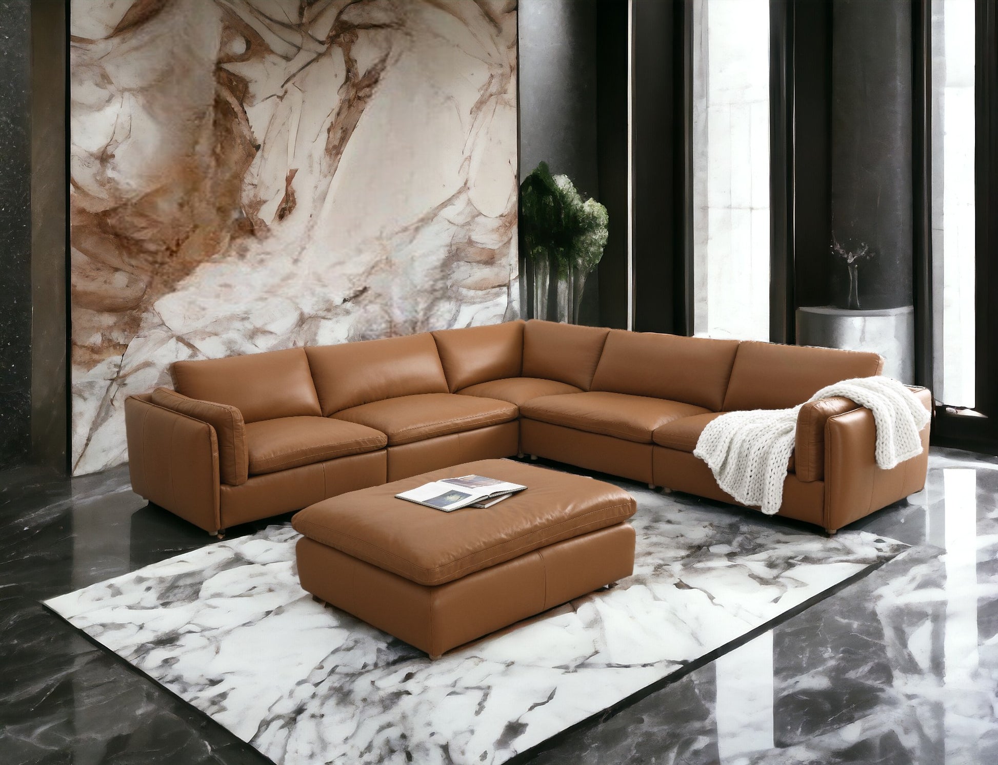 Brighton Top Grain Leather 6 Pieces Modular Sectional with 1 Ottoman FredCo
