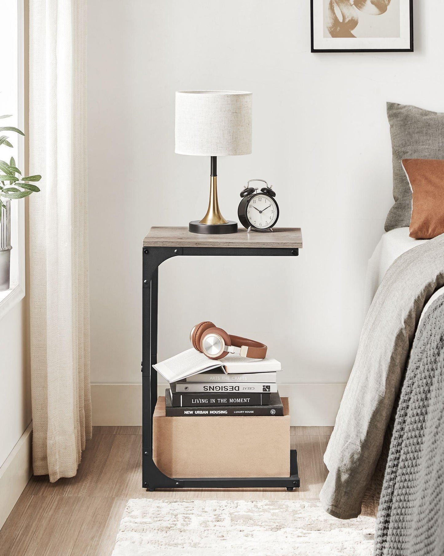 C-Shaped End Table, Small Side Table for Couch, Sofa Table with Metal Frame for Living Room, Bedroom, Bedside, Greige and Black FredCo