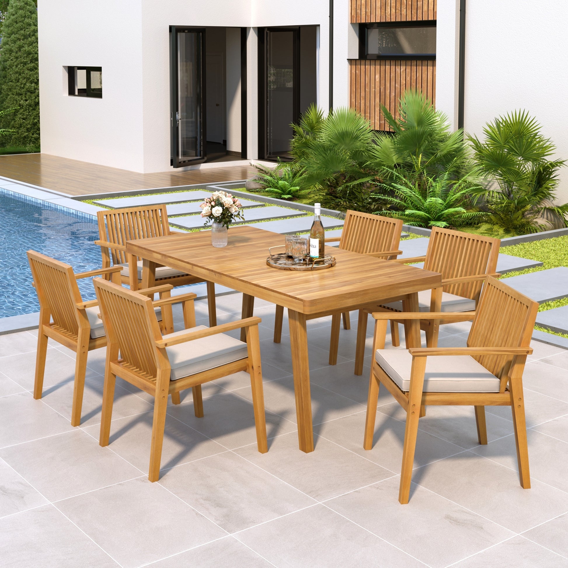 Durable 7 - Piece Patio Furniture Set Acacia Wood Table and 6 Heavy-Duty Cushioned Chairs, Natural FredCo