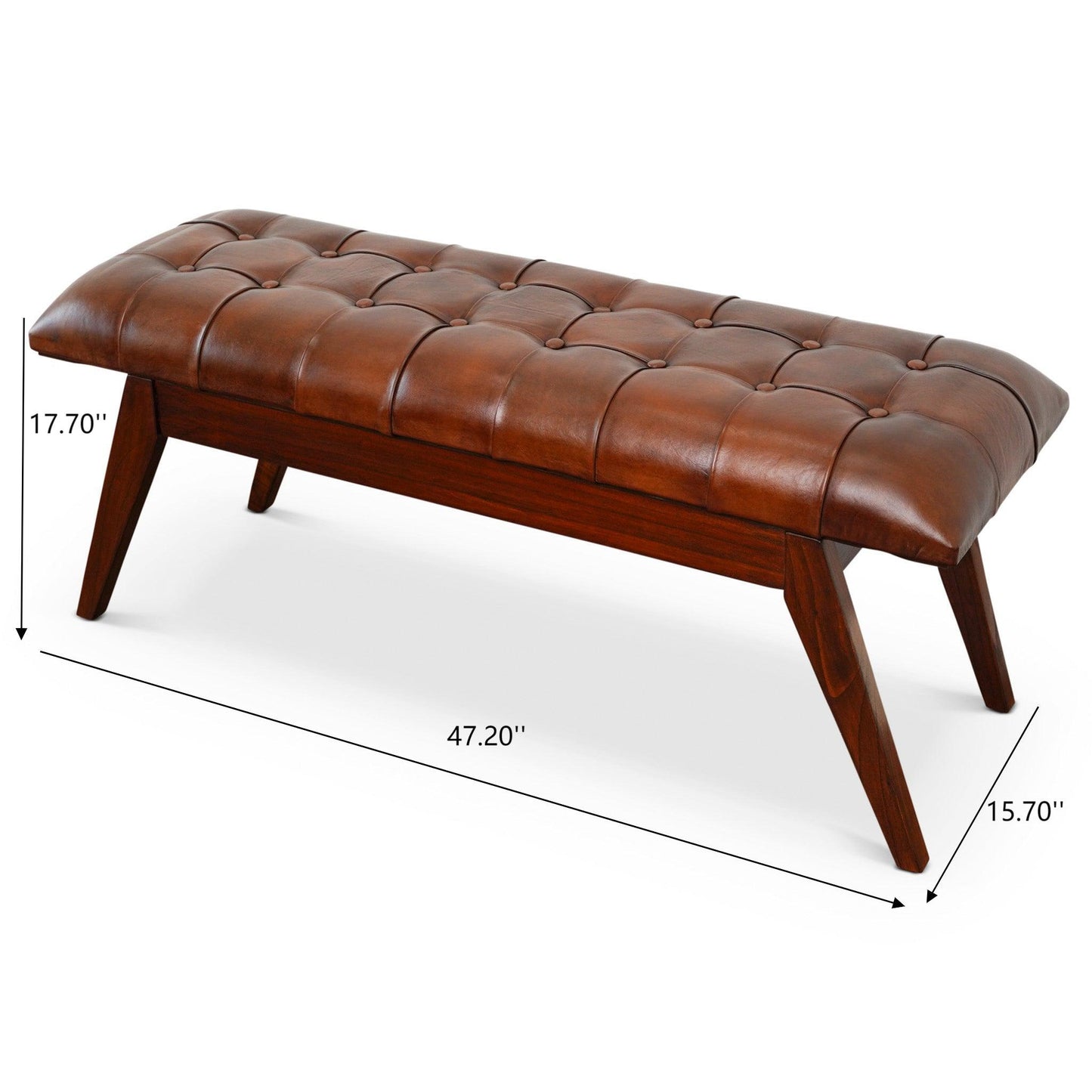 Maja Mid Century Modern Tan Leather Bench with Solid Wood Frame and Tapered Legs 17.7'H x 47.2'W x 15.7'D for Living Room Bedroom Waiting Room FredCo