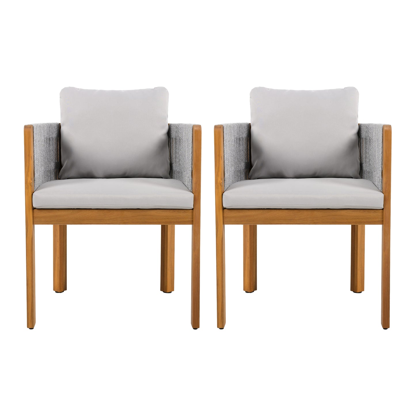 Acacia Wood Outdoor Dining Chairs 2-Pack with Grey Rope Handles, Washable Waterproof Grey Cushions, 400 lbs Capacity