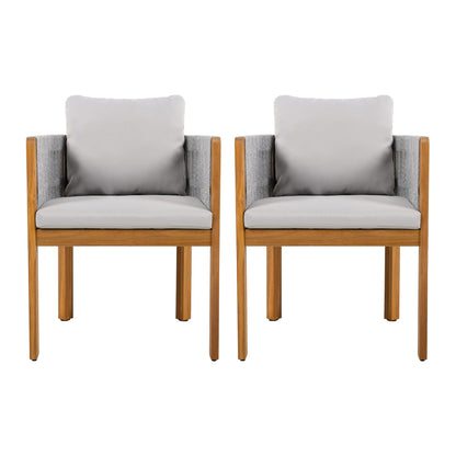 Acacia Wood Outdoor Dining Chairs 2-Pack with Grey Rope Handles, Washable Waterproof Grey Cushions, 400 lbs Capacity