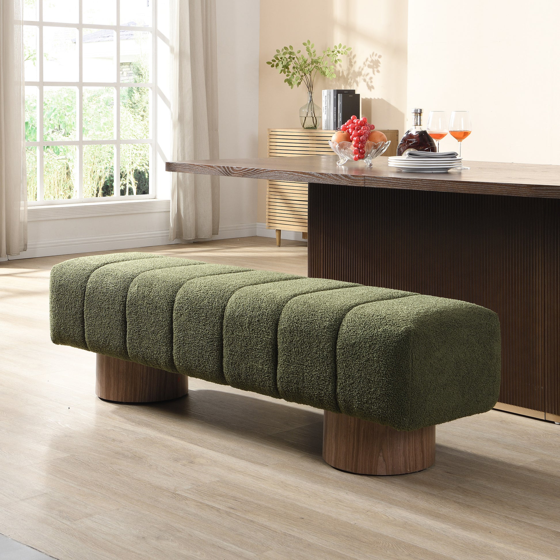 Upholstered Dining Bench for Dining Room, No-Assembly End of Bed Entryway Bench Ottoman for Bedroom Living Room, Green Boucle Fabric Stool Top Wood Leg 300 LBS Weight Capacity FredCo