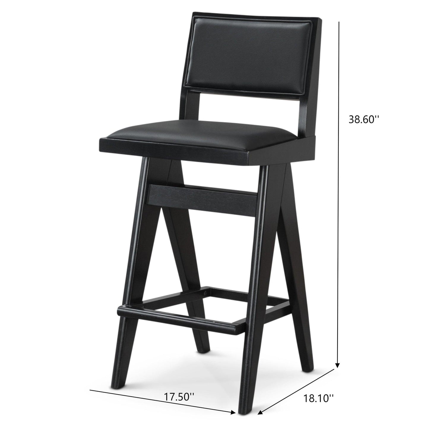 Keira Mid-Century Bar Stool Black PU Leather Solid Wood 18.11 x 17.52 x 38.58 inches Kitchen Counter Barstool with Back Bar Stool (Set of 2) FredCo