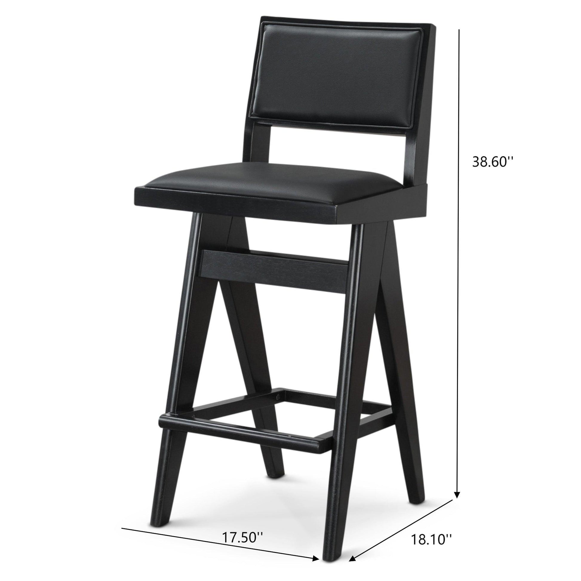 Keira Mid-Century Bar Stool Black PU Leather Solid Wood 18.11 x 17.52 x 38.58 inches Kitchen Counter Barstool with Back Bar Stool (Set of 2) FredCo