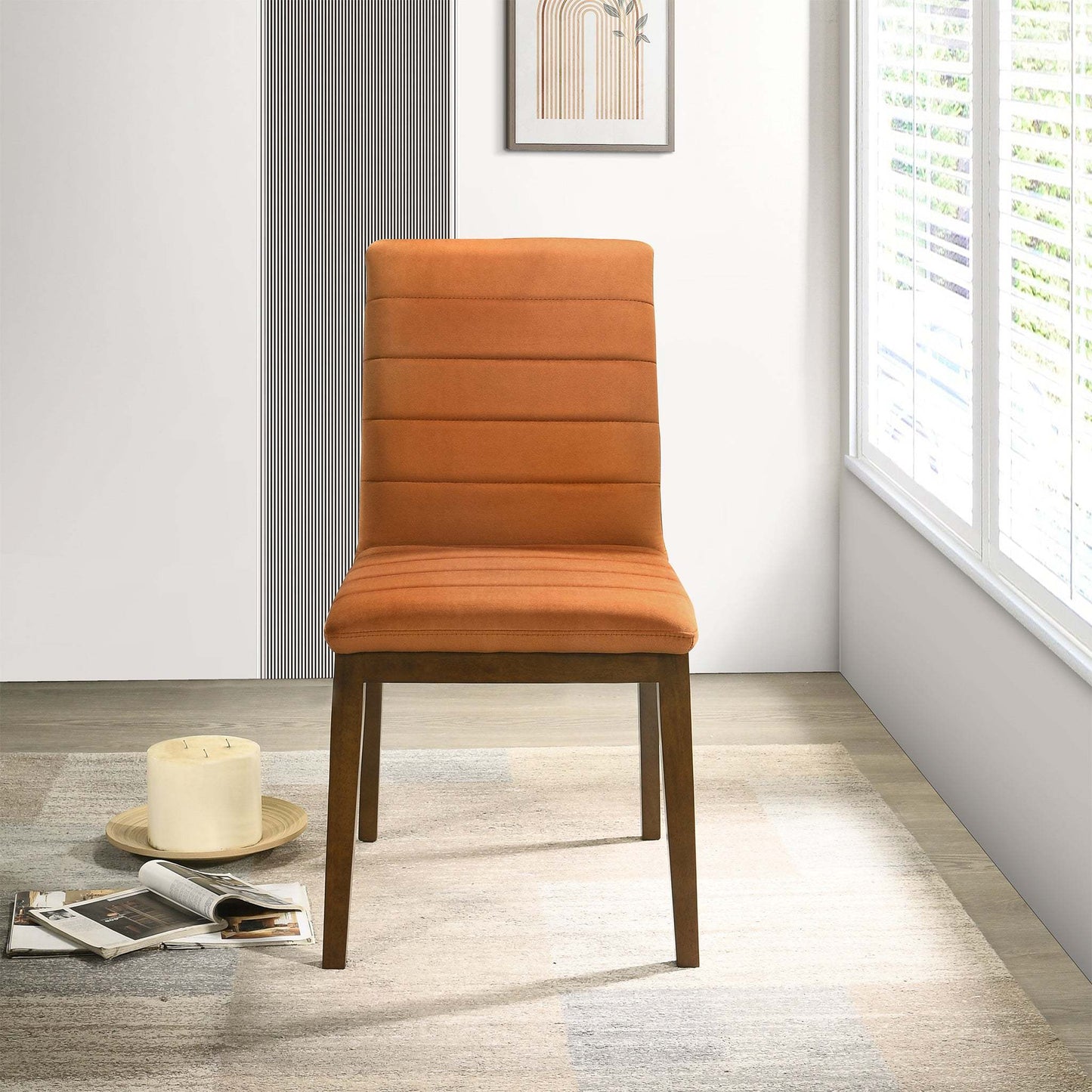 Ines Mid-Century Modern Burnt Orange Velvet Dining Chair Set with Walnut Solid Wood Base 35.8'H x 18.9'W x 24'D FredCo