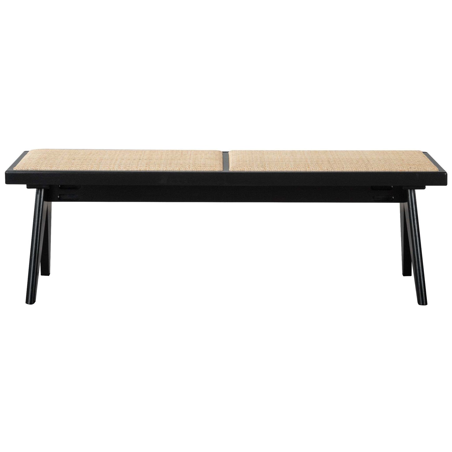Modern wooden bench with black frame and woven seat, FredCo International furniture