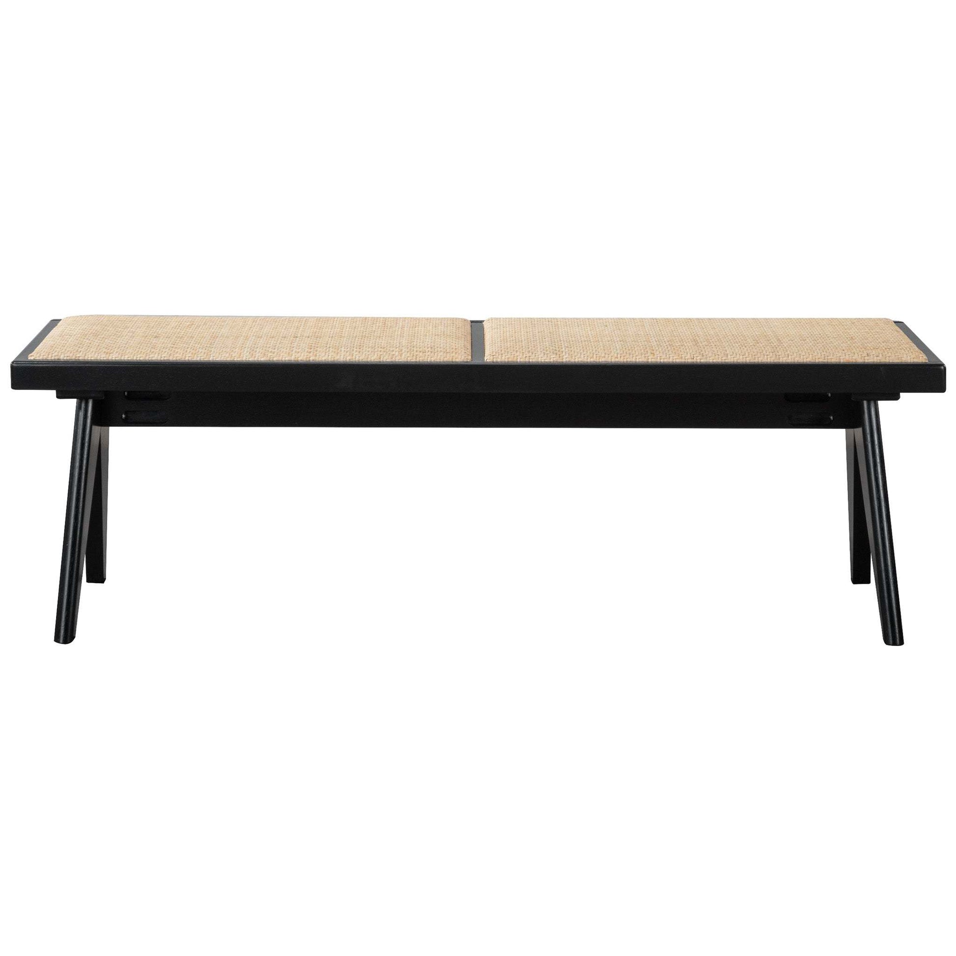 Modern wooden bench with black frame and woven seat, FredCo International furniture