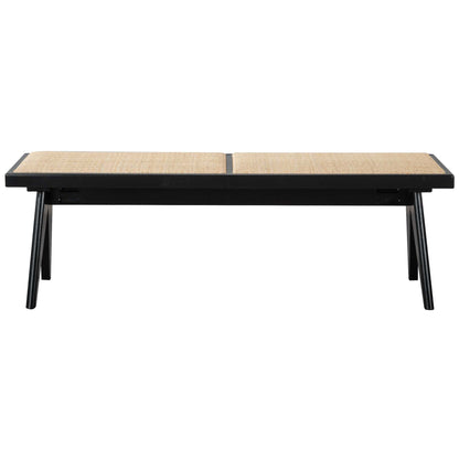 Modern wooden bench with black frame and woven seat, FredCo International furniture