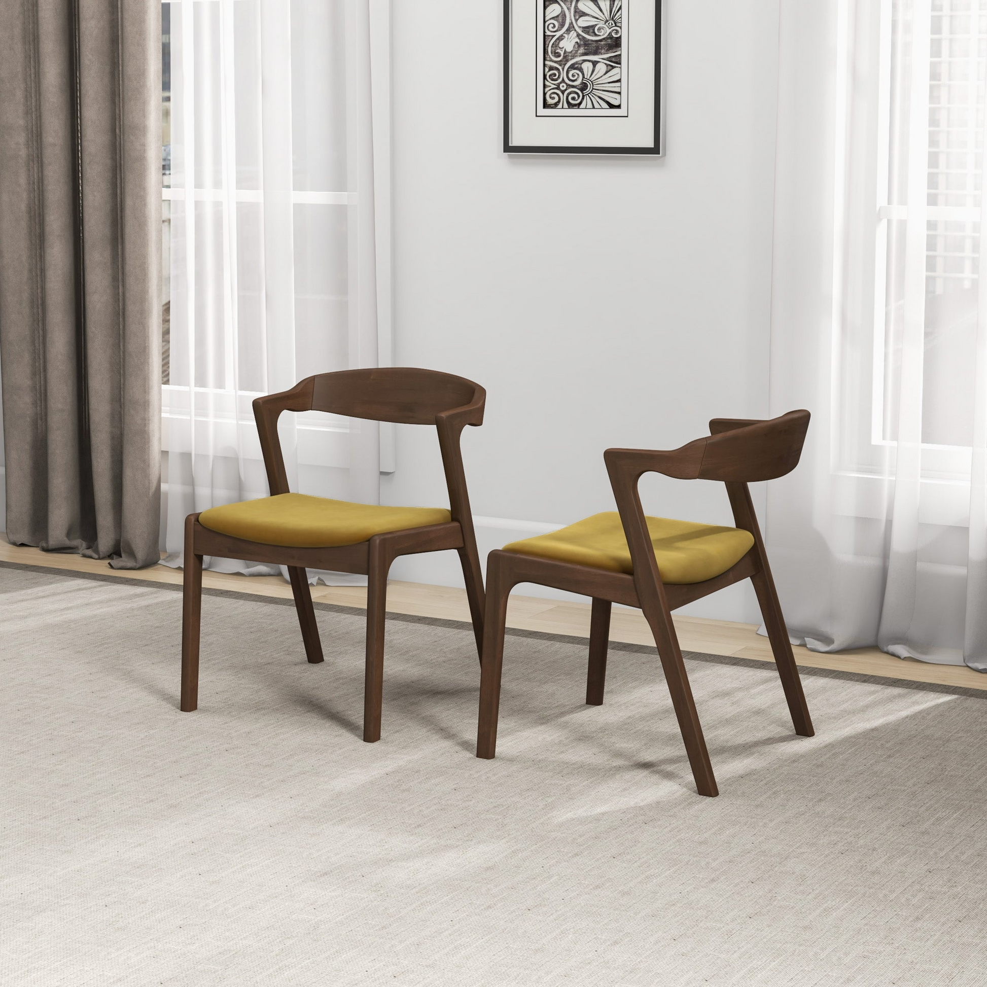 Dakota Dark Yellow Velvet Dining Chair (Set of 2) With Solid Wood Legs and Mid-Century Modern Design 29.3'H x 16'W x 22'D FredCo