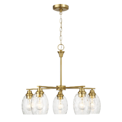 Elegance Five Lights Linear Arms Chandelier with Golden Brass Finish and Clear Water Glass 24'W x 8.5'H FredCo