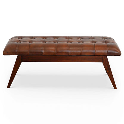 Maja Mid Century Modern Tan Leather Bench with Solid Wood Frame and Tapered Legs 17.7'H x 47.2'W x 15.7'D for Living Room Bedroom Waiting Room FredCo