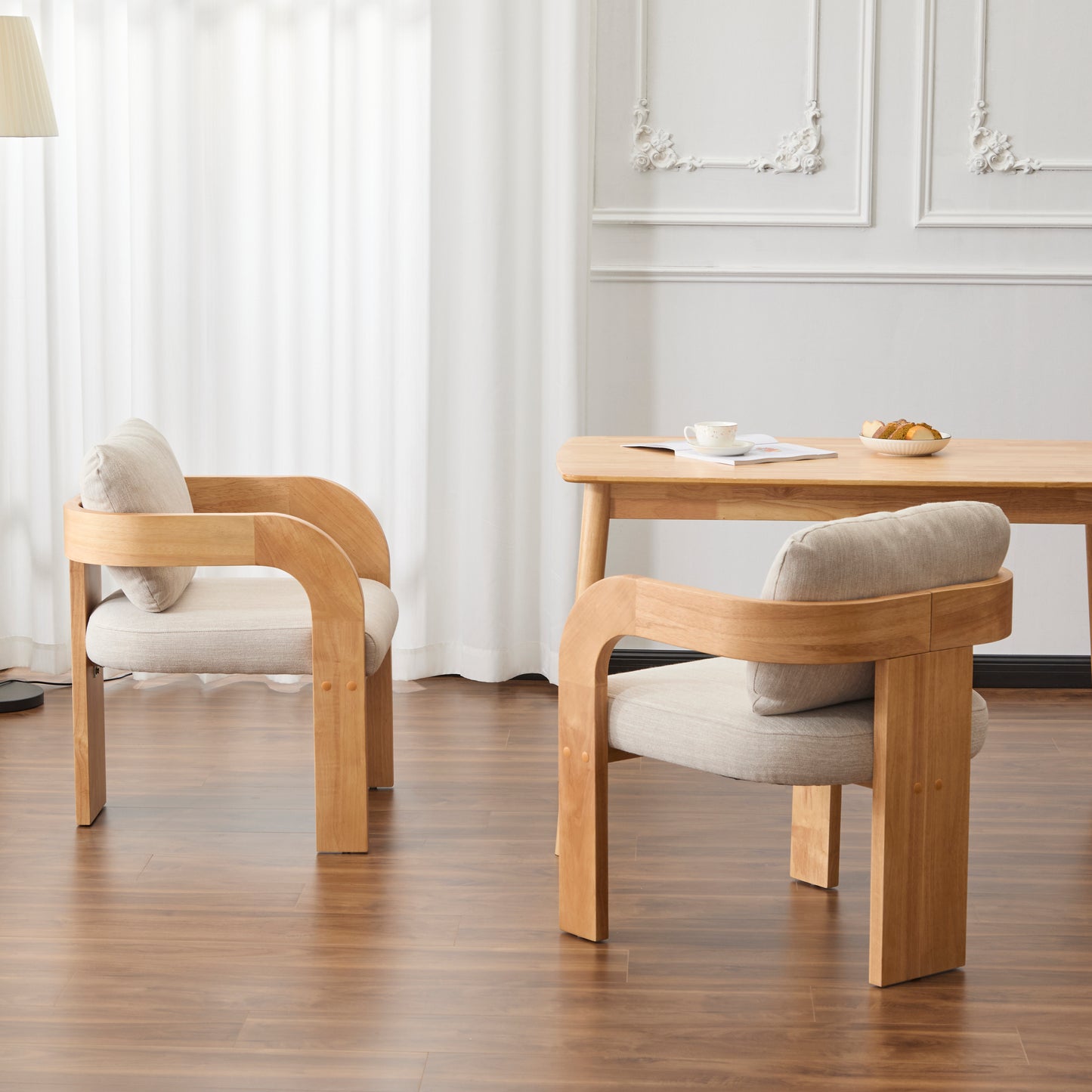 2-Pack Dining Chairs with Pillow Back, Beige Fabric, Natural Color Solid Wood Frame FredCo