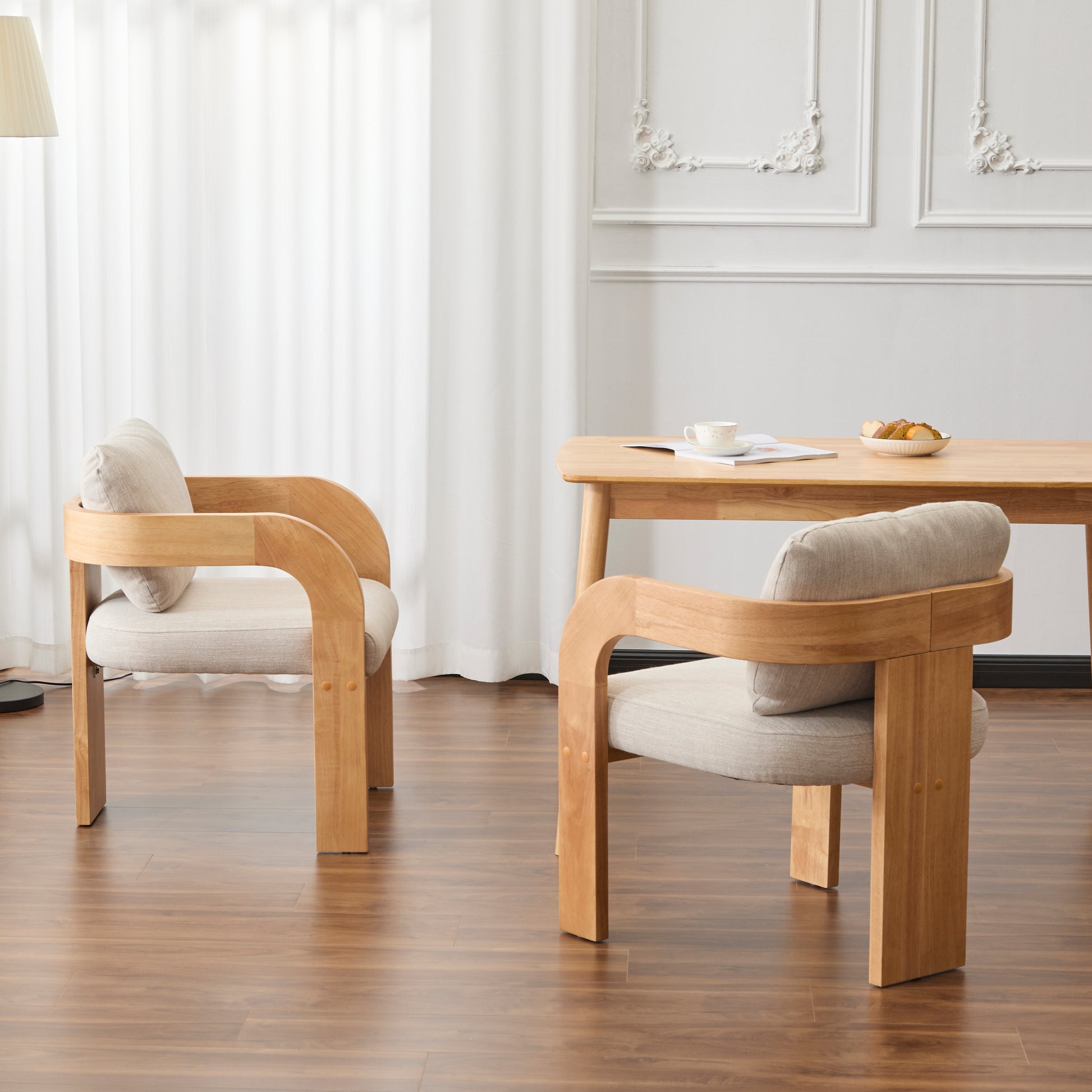 2-Pack Dining Chairs with Pillow Back, Beige Fabric, Natural Color Solid Wood Frame FredCo