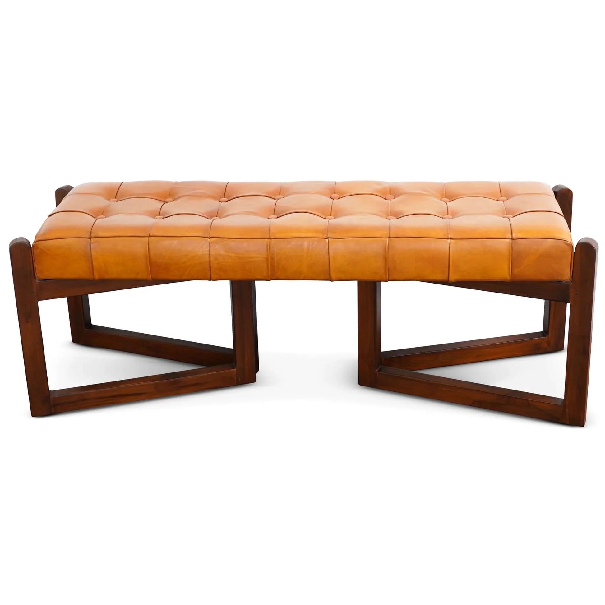 Mid-century modern tufted leather bench with wooden frame, stylish home furniture