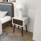 Modern wood and white nightstand with lamp in stylish bedroom, FredCo International furniture